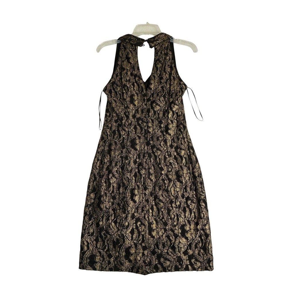 Cache Gold Metallic Lace Halter Dress Black Keyhole Back Cocktail Sheath Size 6 - Picture 5 of 5
